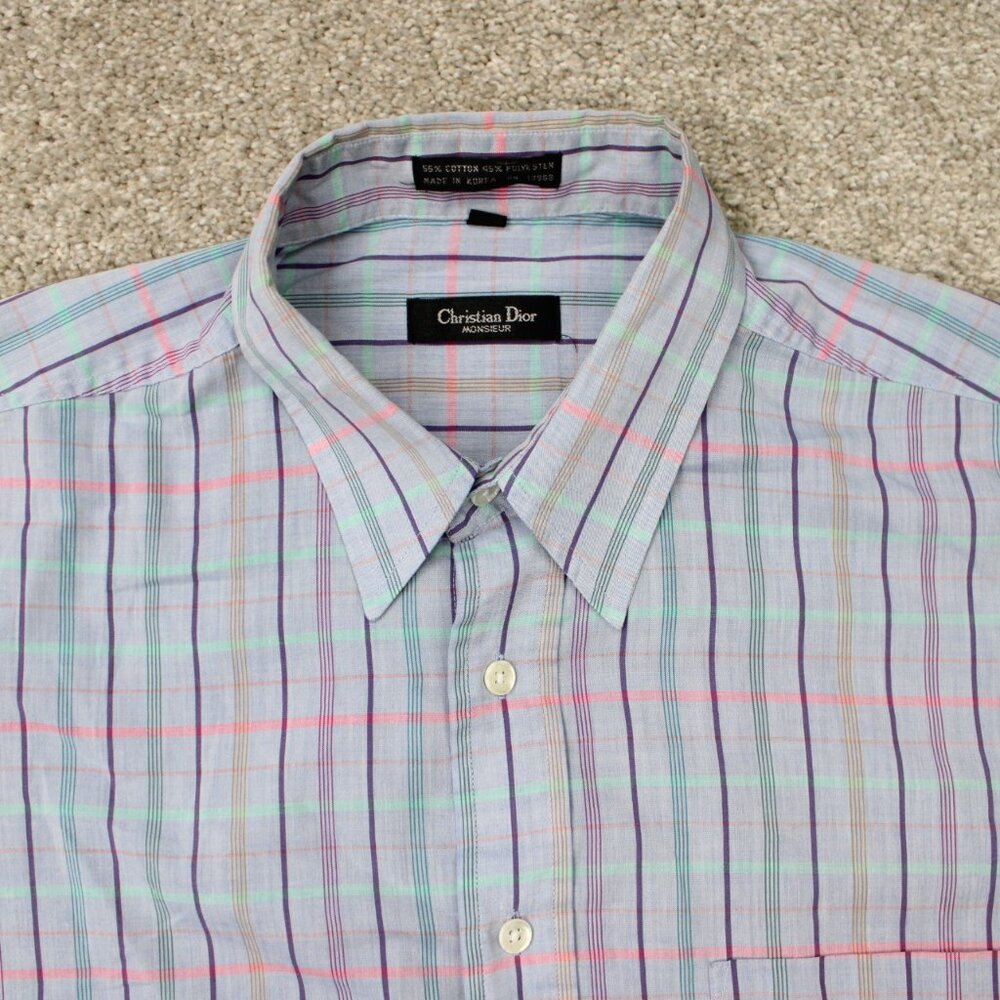 Christian Dior Monsieur Shirt Mens Large Blue/Pink Cotton/Poly Short‎ Sleeve